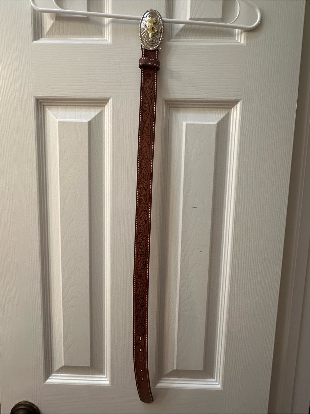 Nocona Brown Tooled Leather Kids Belt with Silver & Gold Buckle